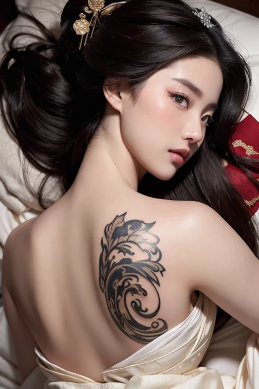 masterpiece, 1 woman per 1 photo, full body, live front view, subject composition facing down from above, a)) Geisha model Sleep on your back looking up. On the bed. Inside the castle. wearing Geisha clothes. Bare shoulders. with decorative tattoos on the body + shooting from the top angle: detail face and skin texture, detail eyes, double eyelids,
