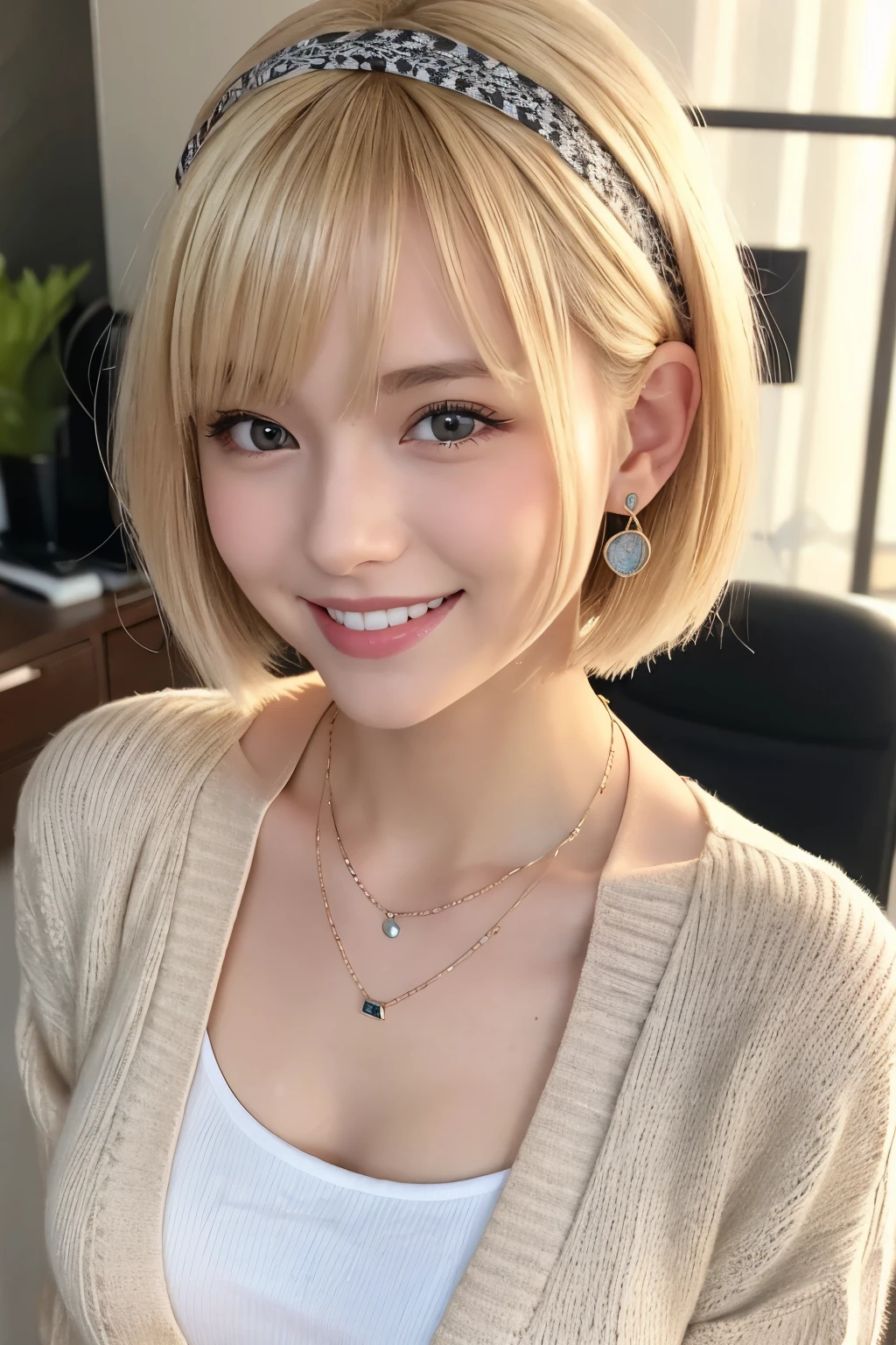 young woman、blonde、Short Haircut、、ear piercing、Necklace around the neck、Put a cardigan over your shoulders、blouse、Accentuate your breasts、smile、Beautiful teeth alignment、Intricate details, Very detailed:1.2), 、hair band、 Looking into the camera、The background is the office