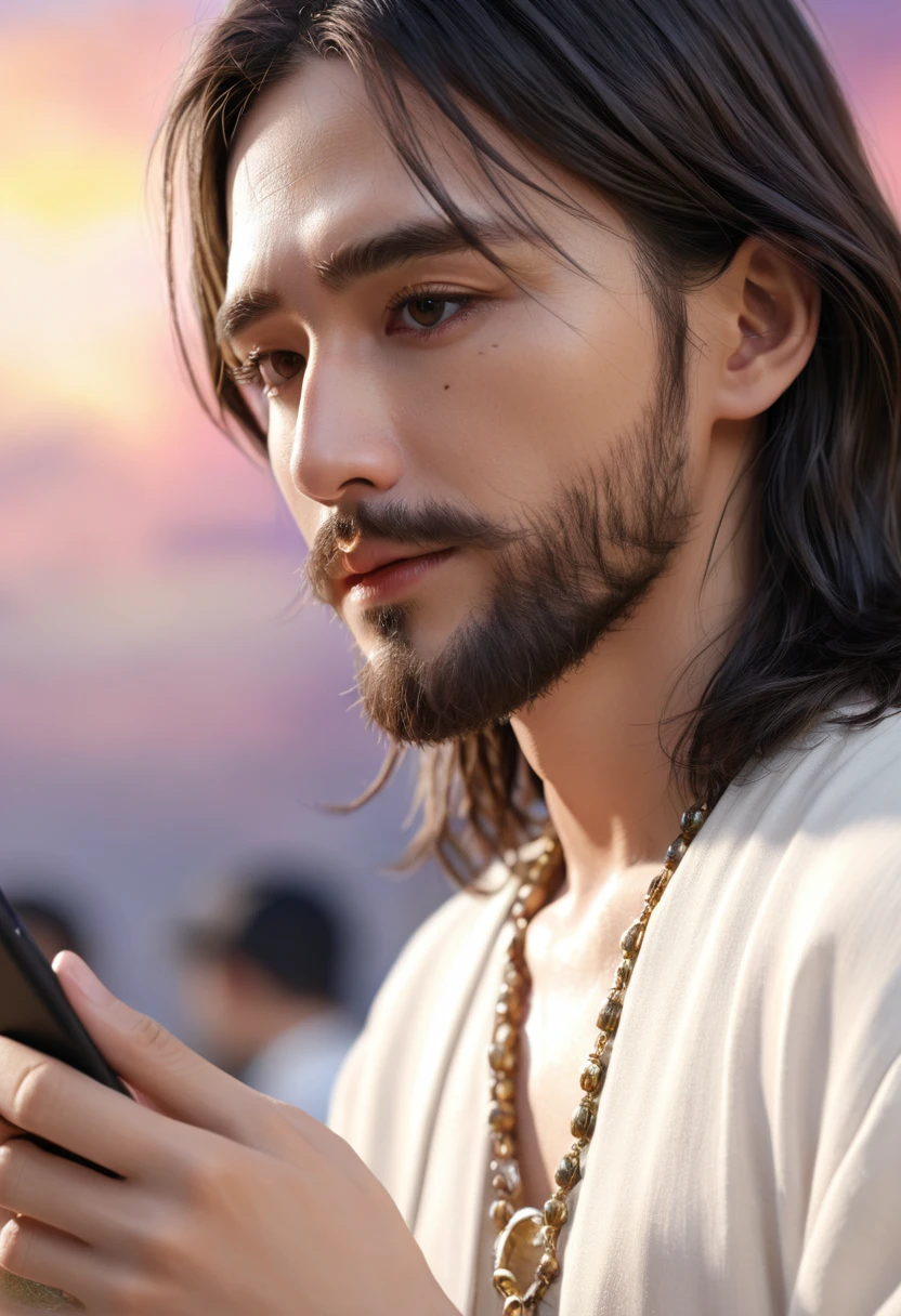 Jesus Christ with a cell phone in hand doing a live, highly detailed digital painting, anime realism style, 4K painting, realistic anime 3d style