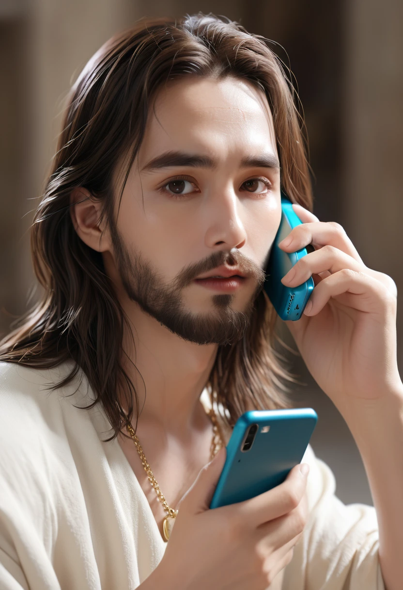 Jesus Christ with a cell phone in hand doing a live, highly detailed digital painting, anime realism style, 4K painting, realistic anime 3d style  