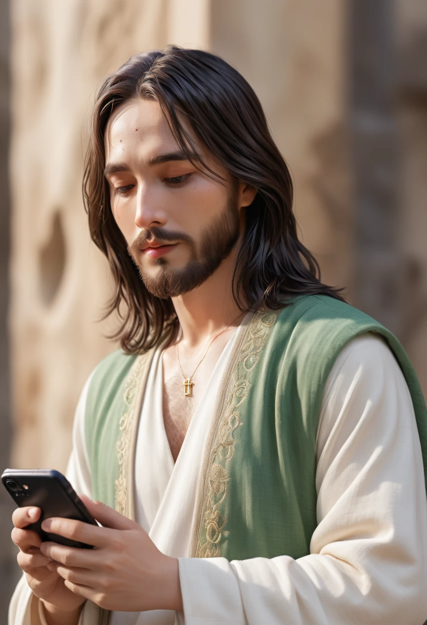 Jesus Christ with a cell phone in hand doing a live, highly detailed digital painting, anime realism style, 4K painting, realistic anime 3d style