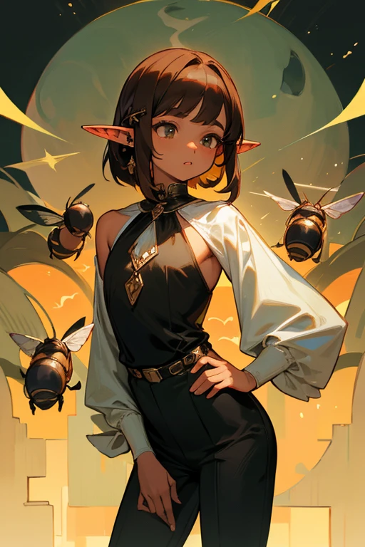 BROWN SKIN ELFA shoulder length brown hair with straight bangs, chubby build little chest, Dressed in black dress pants, apple green estraple blouse with piercings in the ears with bees around ((Elf's ears))