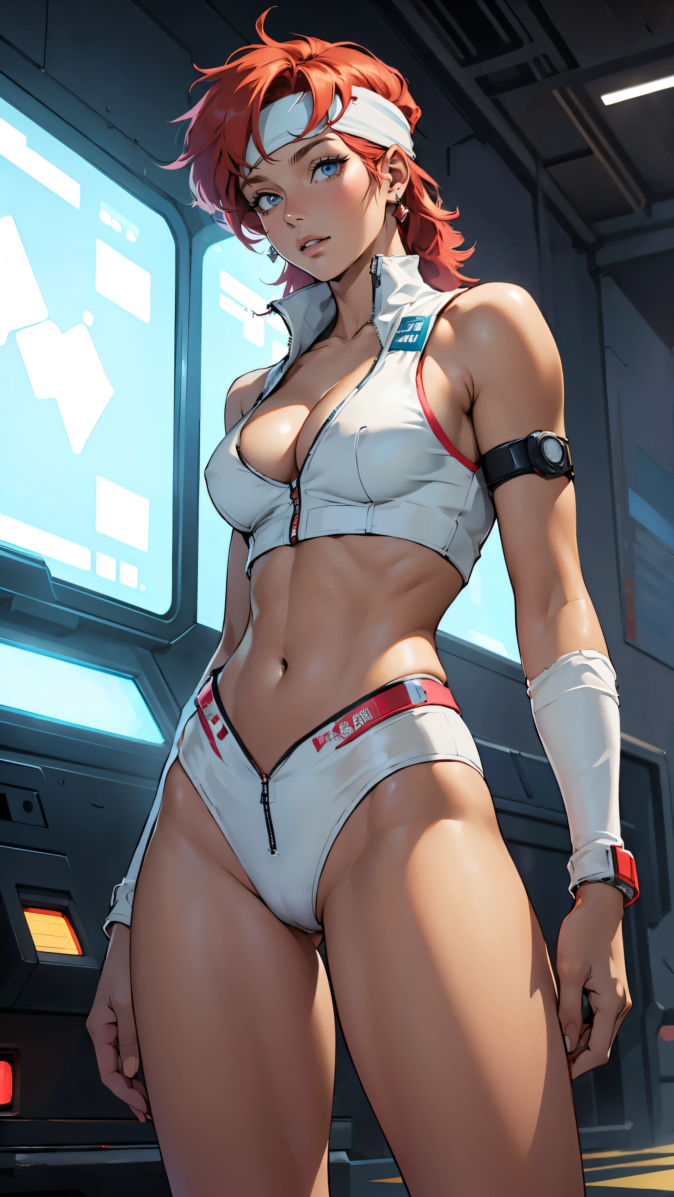 ((Masterpiece, highest quality; 1.3)), super quality, beautiful detail, super detailed, extra fine, 16K, exquisite, absurd, high resolution, beautiful background, detailed background, beautiful eyes, beautiful skin, anime style, Kay from Dirty Pair in a white outfit, tight outfit, cleavage, bushy redhead beauty, very light blue uniform, wearing tight clothes, skimpy, (mid chest: 1.2), cleavage, cleavage, slim waist , thin waist, slim thighs, thin legs, slim legs. thigh gap, showing stomach, skinny, thin hips, cyberpunk city background, holding retro space gun , headband,