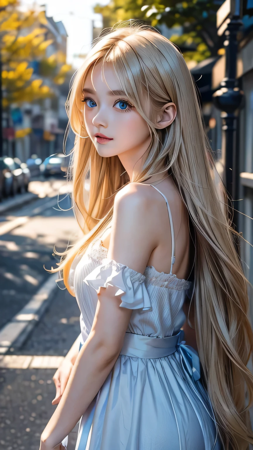 Very beautiful face、A beautiful girl、Super Long Hair、windy silky blonde super long hair、Swinging bangs、Cute sexy 16 year old blonde girl with light blue eyes、Hair above the eyes、片Hair above the eyes、Hair between the eyes、Big bright light blue eyes that shine so beautifully、eyeliner、Bright expression、