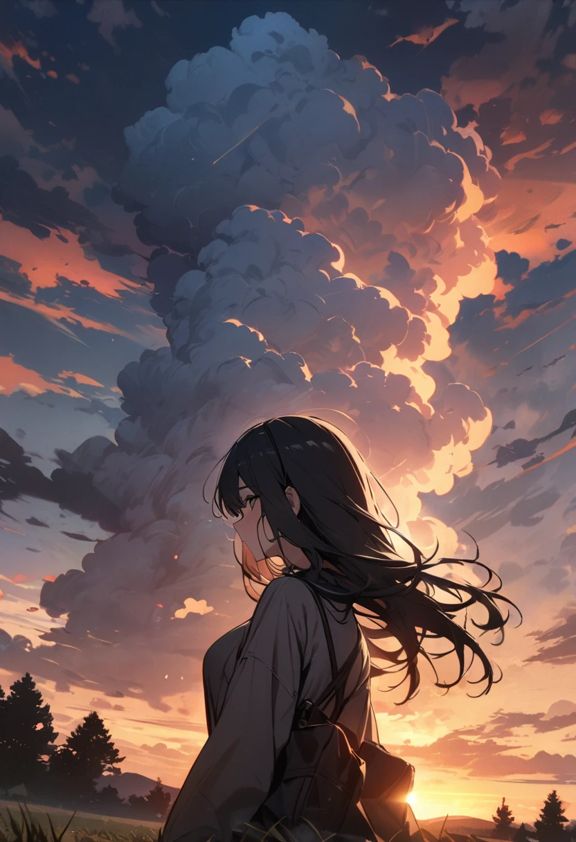 Best quality, masterpiece, countryside at dusk, thunderhead clouds,