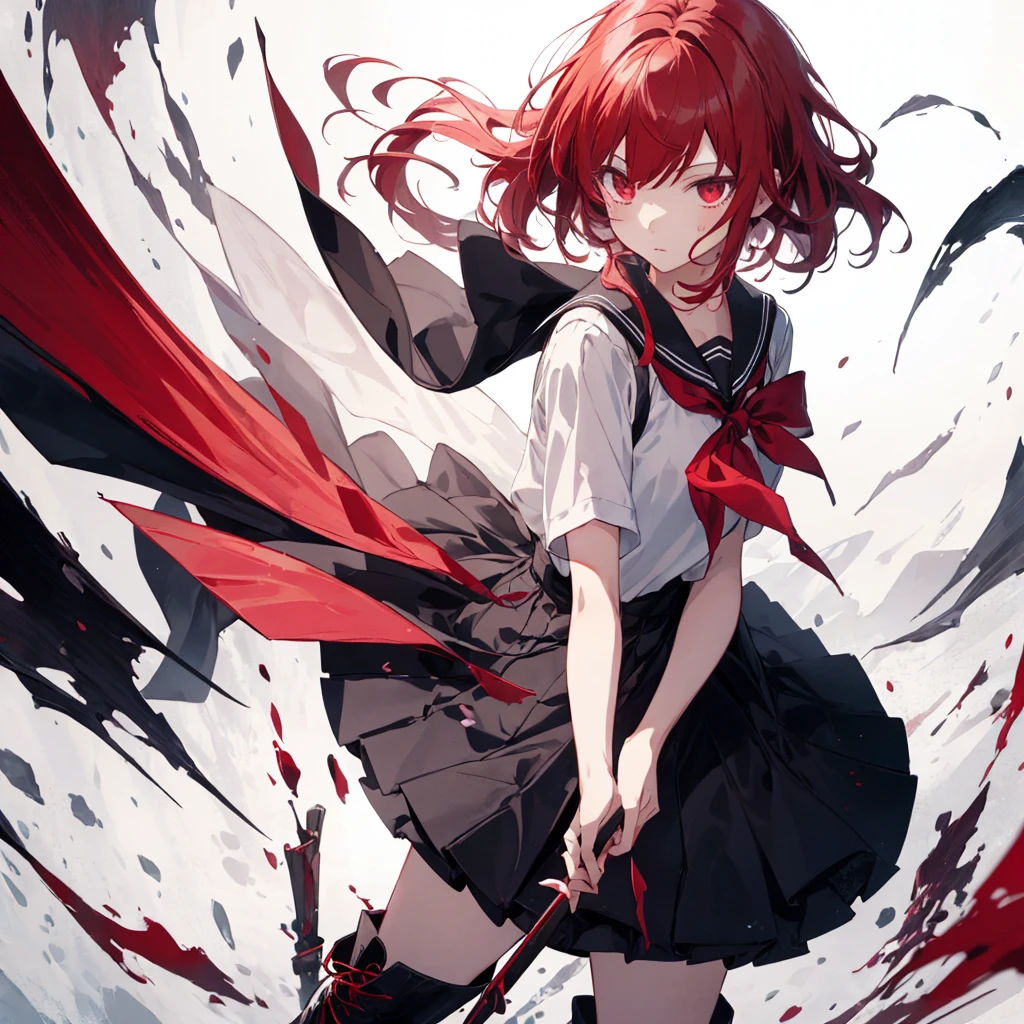1girl、(masterpiece, highest quality),(Detailed Hair), Super detailed, Anime Style, whole body, High school girls、She wears a black sailor uniform and has milky white and red hair with short hair.、Red eyes、 Wearing long boots, Digital Painting, 8K High Resolution, whole body, White Background, Dynamic pose、Standing on the desolate land、Large Blade、Vampire Hunter、Dynamic composition、Reaper's Scythe、