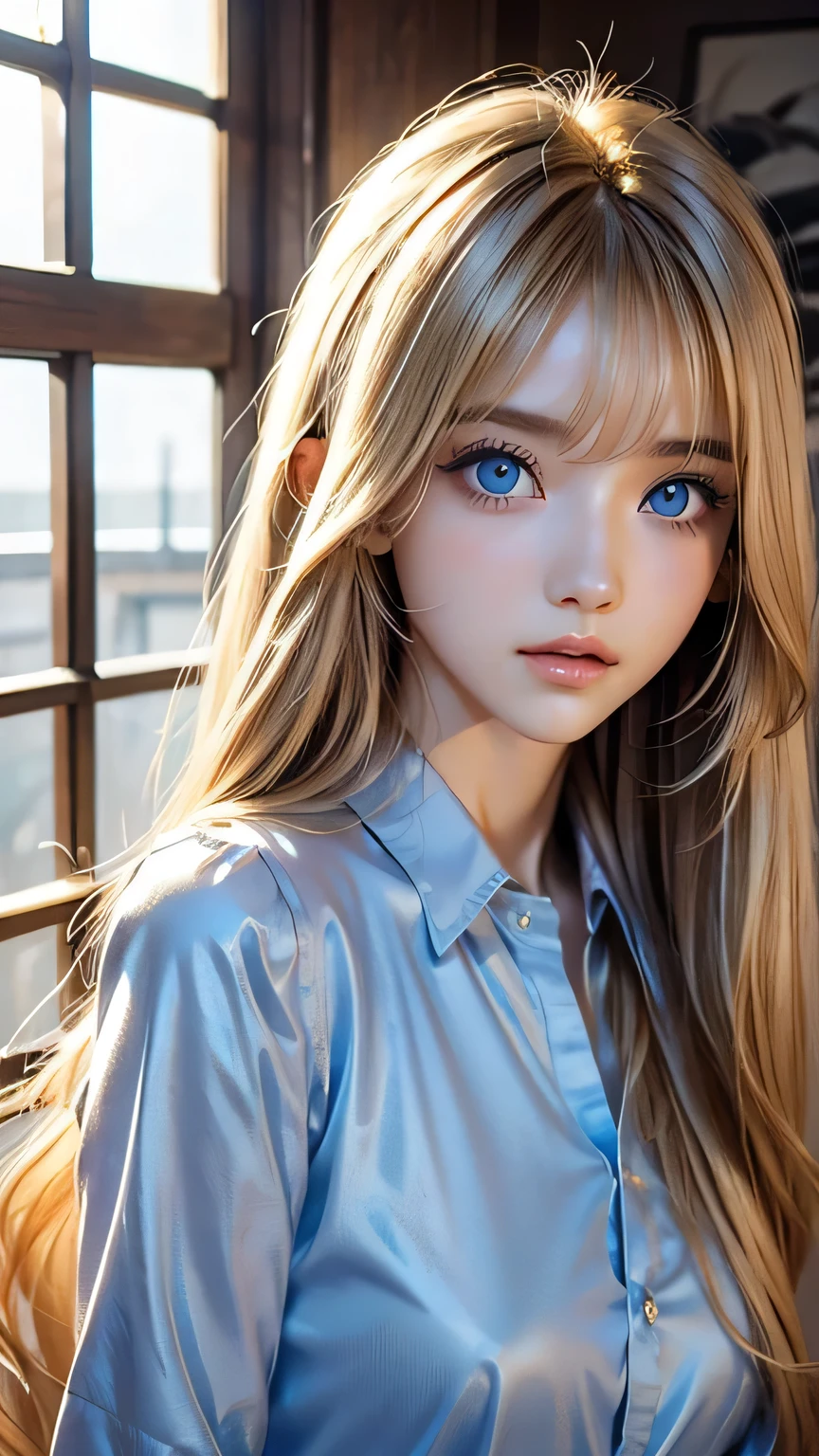 Very beautiful face、A beautiful girl、Super Long Hair、windy silky blonde super long hair、Swinging bangs、Cute sexy 16 year old blonde girl with light blue eyes、Hair above the eyes、片Hair above the eyes、Hair between the eyes、Big bright light blue eyes that shine so beautifully、eyeliner、Bright expression、