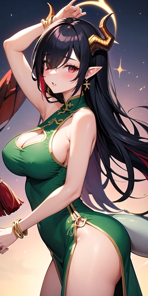 1girl, solo, long hair, breasts, looking at viewer, blush, bangs, large breasts, black hair, red eyes, dress, holding, bare shoulders, jewelry, very long hair, tail, multicolored hair, cowboy shot, earrings, parted lips, horns, sleeveless, pointy ears, hair over one eye, arm up, bracelet, from side, two-tone hair, official alternate costume, streaked hair, bare arms, clothing cutout, sleeveless dress, colored skin, chinese clothes, cleavage cutout, china dress, pelvic curtain, dragon horns, green dress, dragon girl, dragon tail, tassel earrings, tail through clothes, dusk \(arknights\)