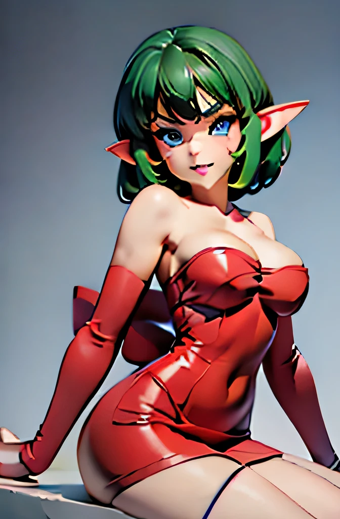 ((masterpiece,best quality,ultra-delicate,Perfect Face,16k,high resolution,very beautiful girl)),medium short green hair,Red strapless bodycon tube dress ,Red long arm sleeves,red high heels,Elf Girl,large Breasts,blue eyes,Beautiful smile,20 years old