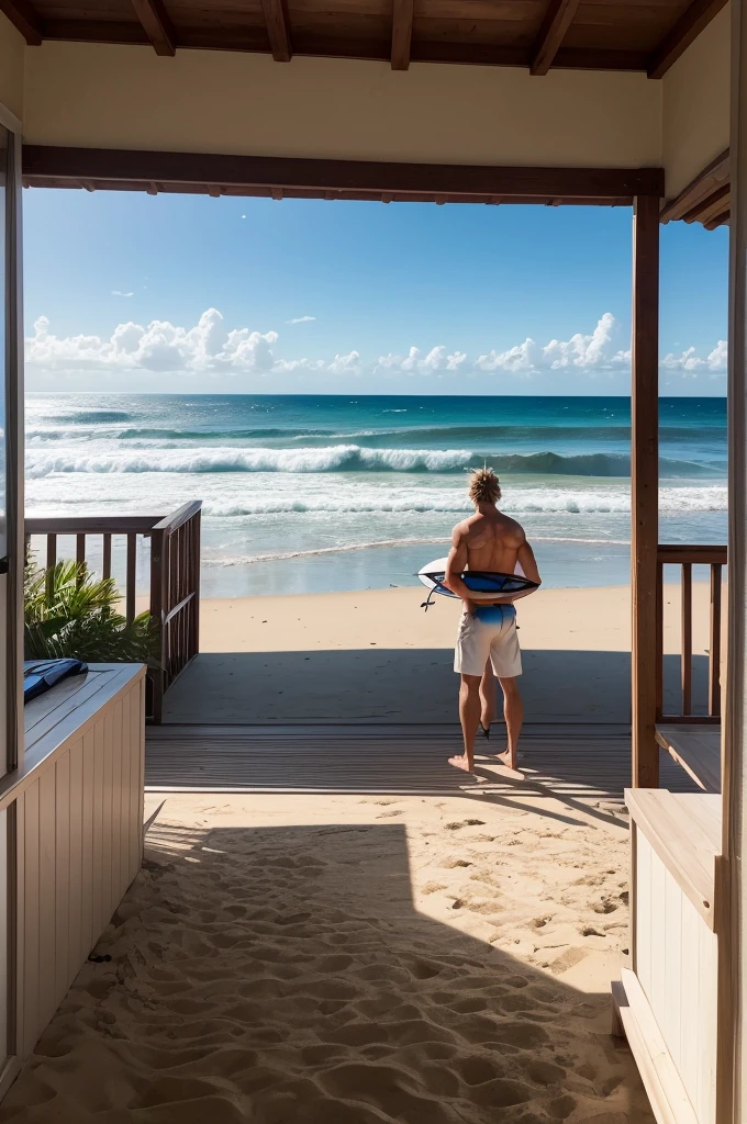 "Draw a picture of a surfer on the beach, clearly frustrated, with high perfect waves in the background. He has his arms crossed, looking at the sea, while a forgotten surfboard is visible on the porch of a house in the distance."