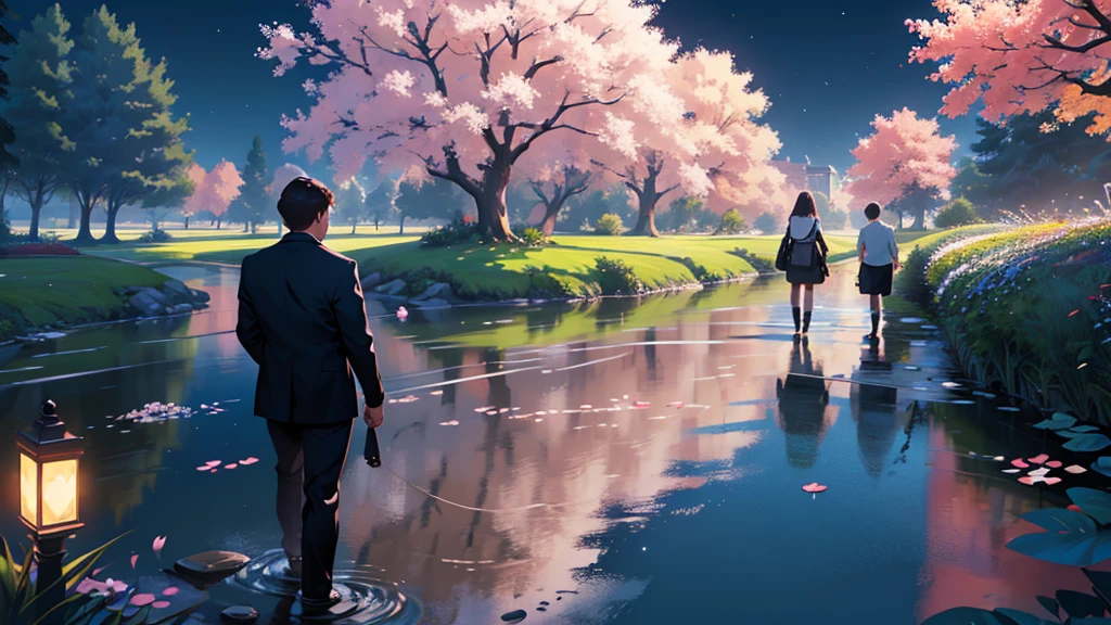 ((best quality)), ((work of art)), ((detailed)), 3 friends, one man and two women, walking in a flowered park, facing a river, seen from behind, at night