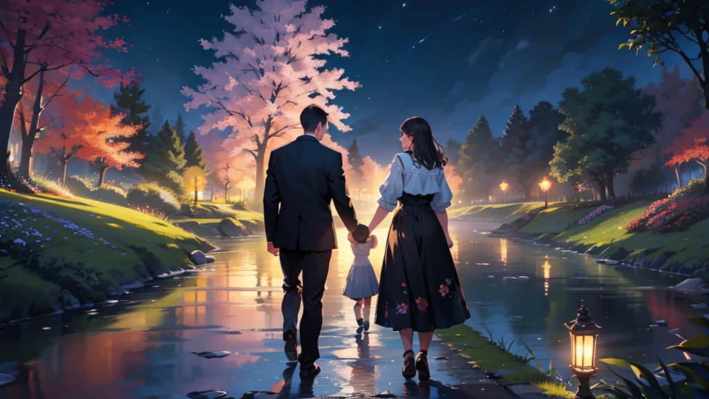 ((best quality)), ((work of art)), ((detailed)), 3 friends, one man and two women, walking in a flowered park, facing a river, seen from behind, at night