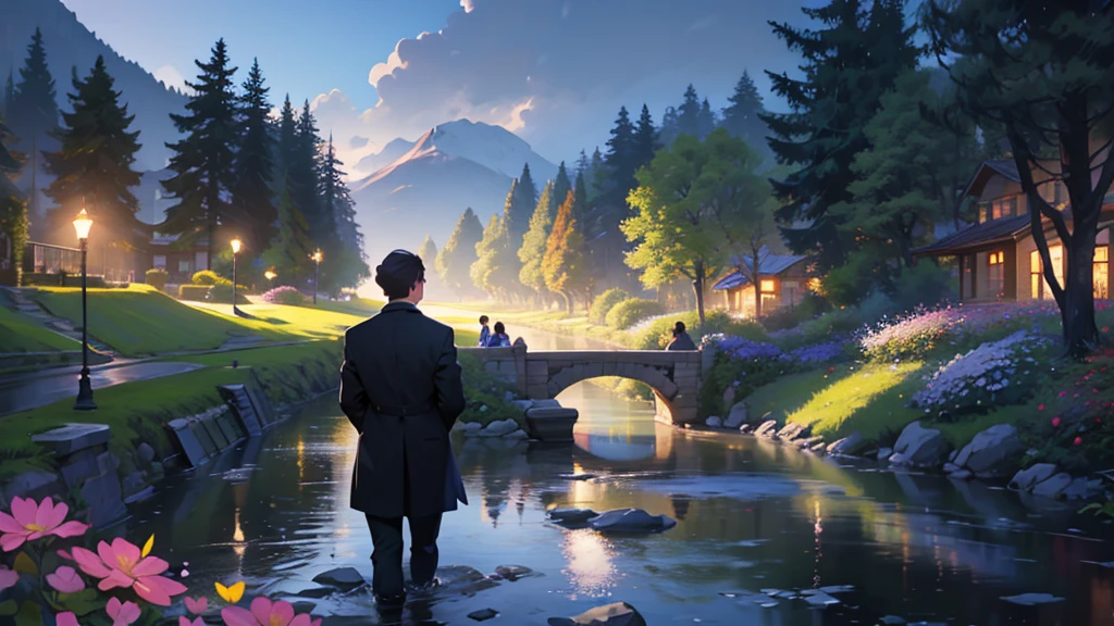 ((best quality)), ((work of art)), ((detailed)), 3 friends, one man and two women, walking in a flowered park, facing a river, seen from behind, at night