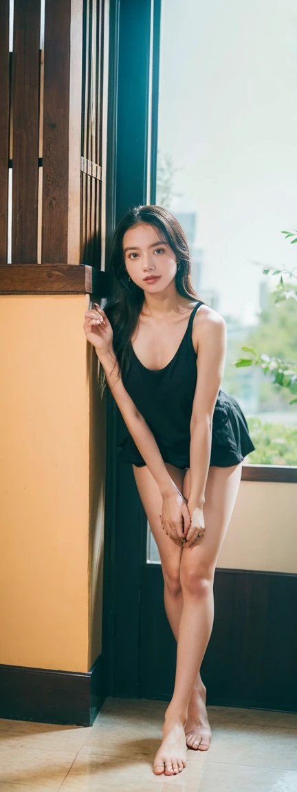 Open shirt, (((Leaning forward))), ((,Round face, Around 17 years old,mini skirt、loose tank top)), Long Hair, , Natural Makeup, Lips become thicker, Sexy Gaze, barefoot, ((Raise one leg)), Shooting from below,Gentle expression ,((Extremely precise and accurate anatomy)), (masterpiece:1.43), Perfect proportions, Realistic photos, Full Shot, whole body, (height: 165cm),