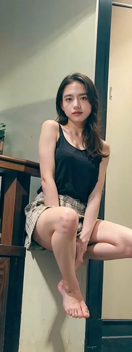 Open shirt, (((Leaning forward))), ((,Round face, Around 17 years old,mini skirt、loose tank top)), Long Hair, , Natural Makeup, Lips become thicker, Sexy Gaze, barefoot, ((Raise one leg)), Shooting from below,Gentle expression ,((Extremely precise and accurate anatomy)), (masterpiece:1.43), Perfect proportions, Realistic photos, Full Shot, whole body, (height: 165cm),