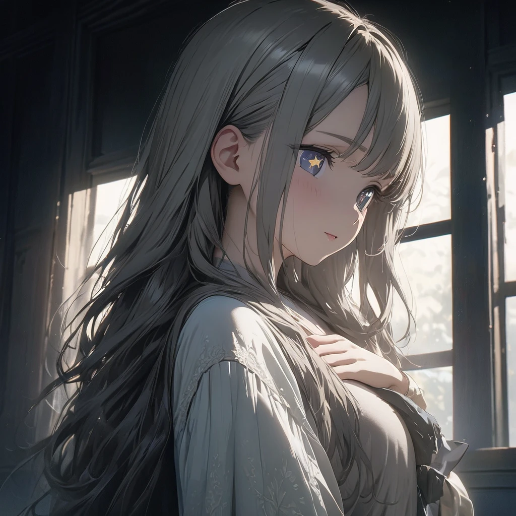 masterpiece, ultra detailed, 8K, (Cute a girl:1.5),
(masterpiece:1.3), anime visual,black window’s peak long hair,dark blue eyes, (Lovey-dovey:1.5), (tilt head:1.3), extremely delicate face, soft clean focus, realistic lighting and shading, (an extremely delicate and beautiful art:1.3), elegant, (muted colors:1.1),(star-shaped pupils:1.5)The girl places her hands in front of her chest, smiles with her mouth open,