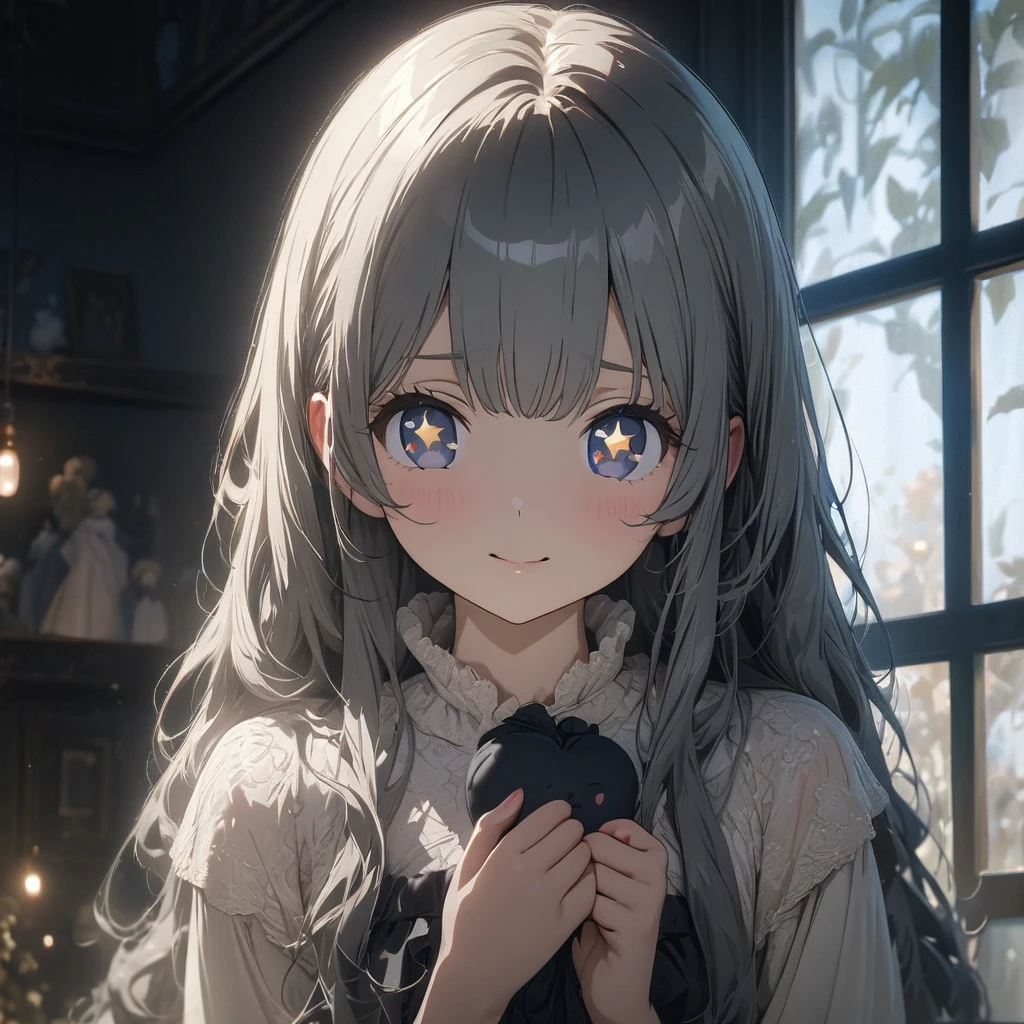 masterpiece, ultra detailed, 8K, (Cute a girl:1.5),
(masterpiece:1.3), anime visual,black window’s peak long hair,dark blue eyes, (Lovey-dovey:1.5), (tilt head:1.3), extremely delicate face, soft clean focus, realistic lighting and shading, (an extremely delicate and beautiful art:1.3), elegant, (muted colors:1.1),(star-shaped pupils:1.5)The girl places her hands in front of her chest, smiles with her mouth open,