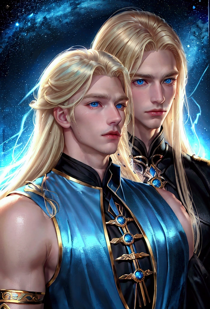 (masculine) (man) (blond hair) (blond hair muy largo que llega hasta los talones) (blue eyes) (blue eyes brillantes) (man androide) Her hair is long and blonde, has blue eyes, He wears a black tunic with some red and yellow details.) (black tunic and some gold details) (surrounded by stars) 