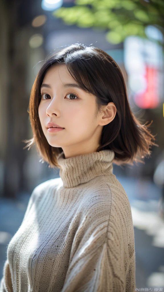 (Turtleneck knitwear)、(top-quality,​masterpiece:1.3,超A high resolution,),(ultra-detailliert,Caustics),(Photorealsitic:1.4,RAW shooting,)Ultra-realistic capture,A highly detailed,high-definition16Kfor human skin、 Skin texture is natural、、The skin looks healthy with an even tone、 Use natural light and color,One Woman,japanes,,kawaii,A dark-haired,Middle hair,(depth of fields、chromatic abberation、、Wide range of lighting、Natural Shading、)、(Hair swaying in the wind:1.2)、Streets of Tokyo