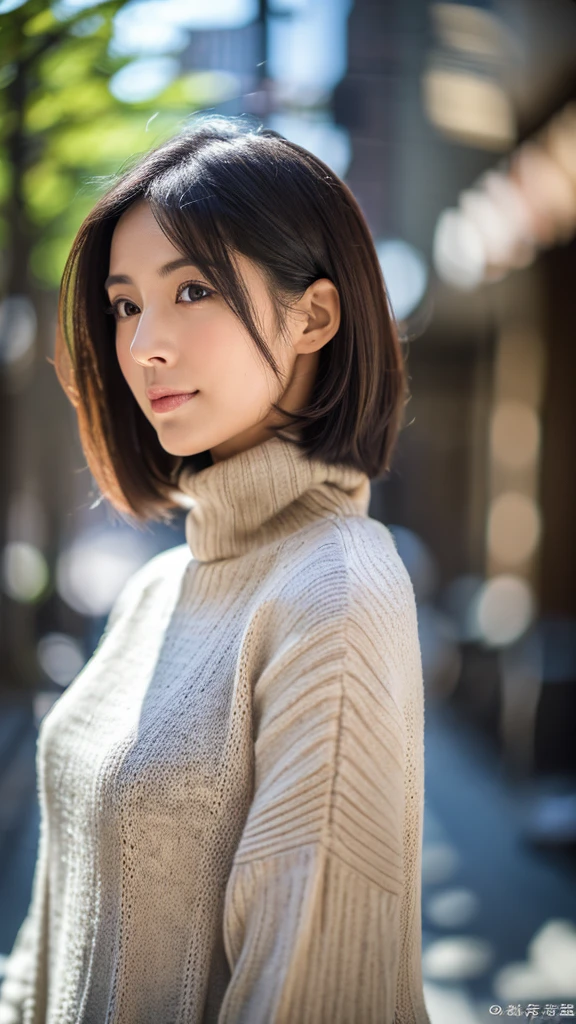 (Turtleneck knitwear)、(top-quality,​masterpiece:1.3,超A high resolution,),(ultra-detailliert,Caustics),(Photorealsitic:1.4,RAW shooting,)Ultra-realistic capture,A highly detailed,high-definition16Kfor human skin、 Skin texture is natural、、The skin looks healthy with an even tone、 Use natural light and color,One Woman,japanes,,kawaii,A dark-haired,Middle hair,(depth of fields、chromatic abberation、、Wide range of lighting、Natural Shading、)、(Hair swaying in the wind:1.2)、Streets of Tokyo