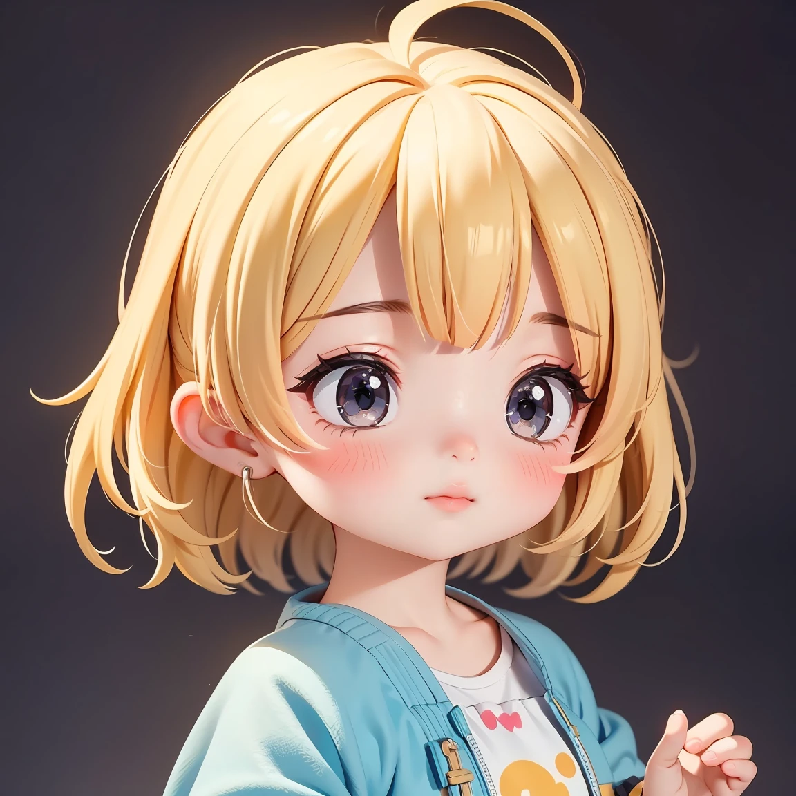 Super Chibi Character:1.8、wearing cute sandals、background:Simple all over、Blonde Hair、Cute 7 year old girl、Random cute outfits、Random and over-the-top poses:1.8、Looking this way、Squinting:1.8