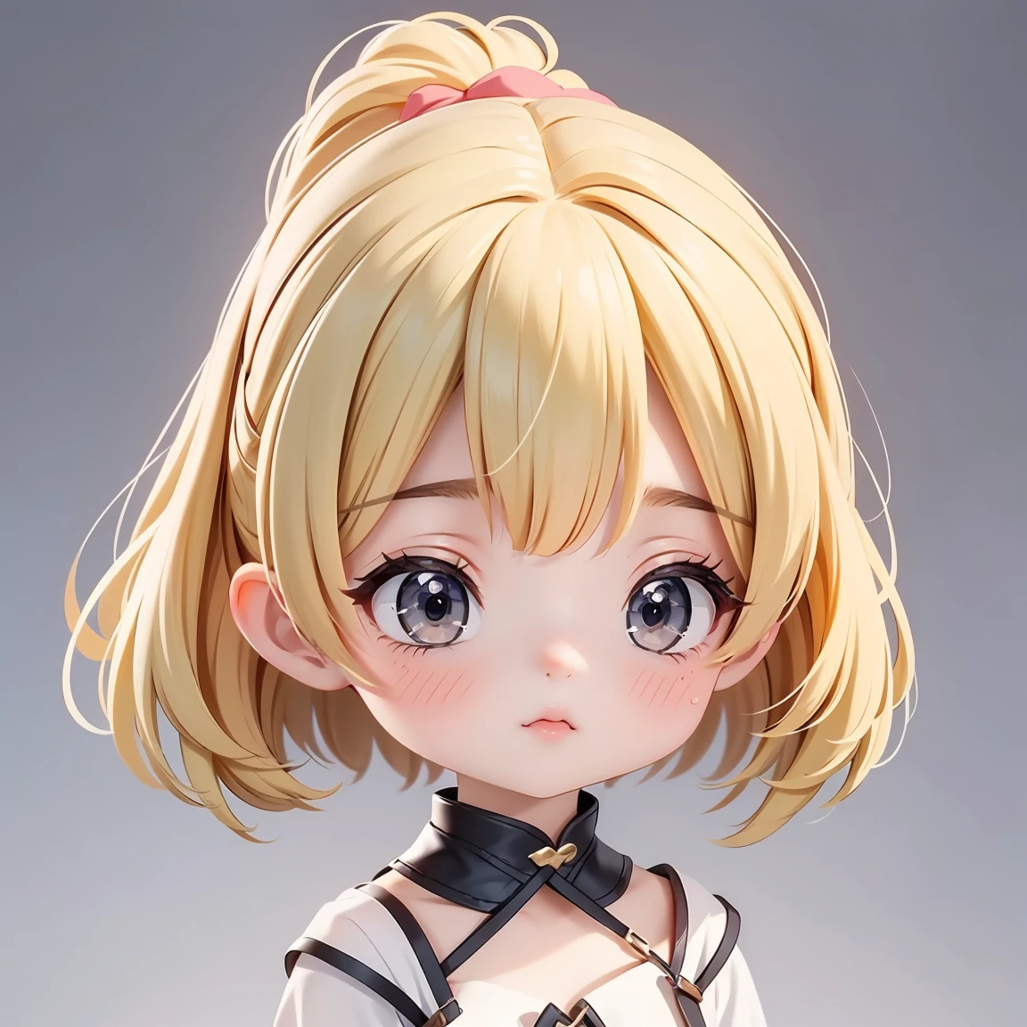 Super Chibi Character:1.8、wearing cute sandals、background:Simple all over、Blonde Hair、Cute 7 year old girl、Random cute outfits、Random and over-the-top poses:1.8、Looking this way、Squinting:1.8