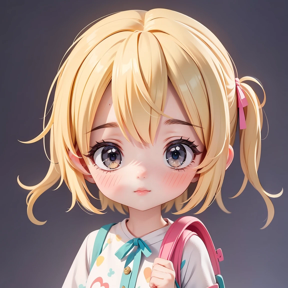  Super Chibi Character：1.8、wearing cute sandals、background：Simple all over、Blonde Hair、Cute 7 year old girl、Random cute outfits、Random and over-the-top poses：1.8、Looking this way、Squinting：1.8