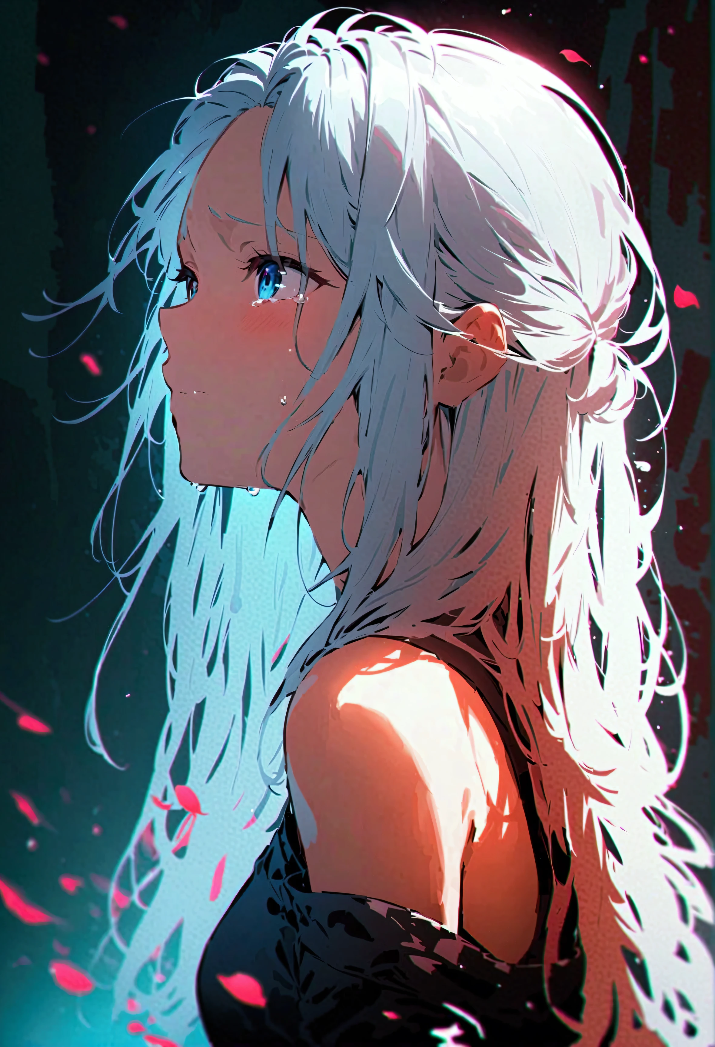 anime drawing,a woman crying, long white hair,just the face,UHD, high resolution, Blurred Background,Dark theme, solitary, dark environment, fate style