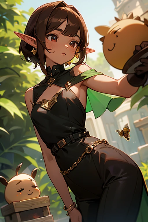 BROWN SKIN ELFA shoulder length brown hair with straight bangs, chubby build little chest, Dressed in black dress pants, apple green strappy blouse with piercings in the ears with bees around (( Elf&#39;s ears))