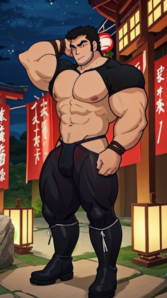 best quality, 4k, male, lucaslee, 1boy , flexing, tight shirt, outdoors, closed mouth, pauldrons, night , shibari , bondage , japanese festival , 祭り , (( G-string )) , massive oversized bulge , full body , boots , ashamed face