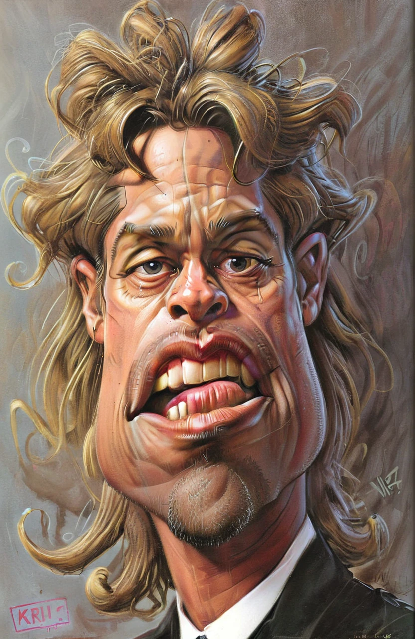 trippy kruger style, kru3ger_style caricature of brad pitt