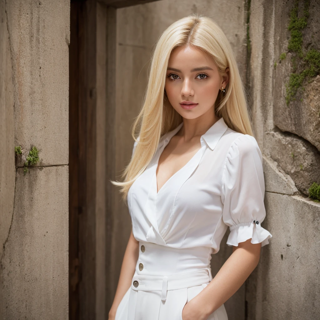 ((best quality 8k)), ((work of art)), (detailded), 1 girl, beautiful white blouse, blonde girl, powerful, rica, sorisso, em frente a uma porta