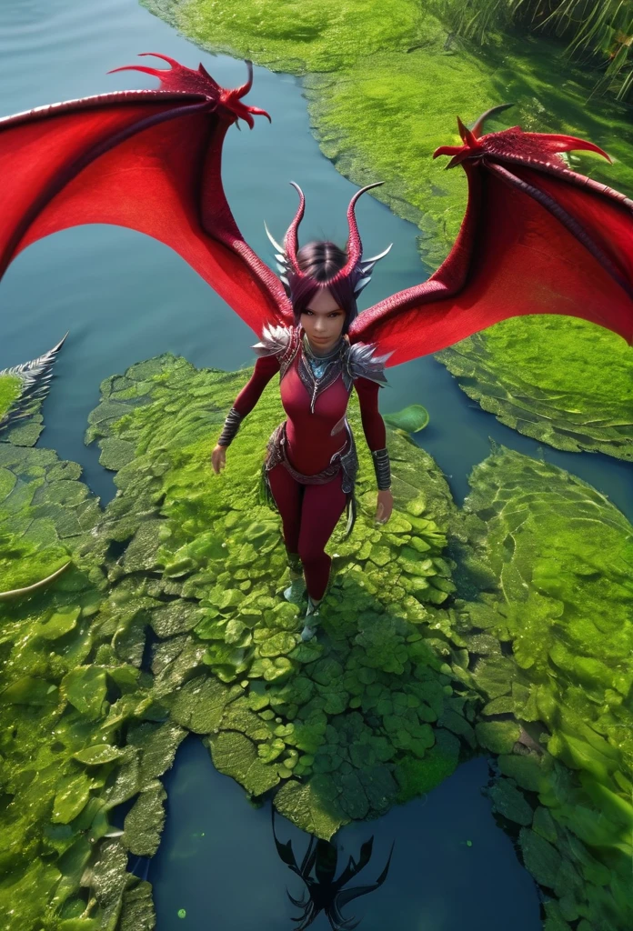 Generate an aerial angle birds eye view image of a  beautiful humanoid dragon girl , face of beautiful  human detailed scale photo realistic with menacing wings, color red and silver unreal engine standing , getting out from the swamp with floating algae , dynamic pose with a background full of large vines dramatic angle view high coloration 4k resolution but