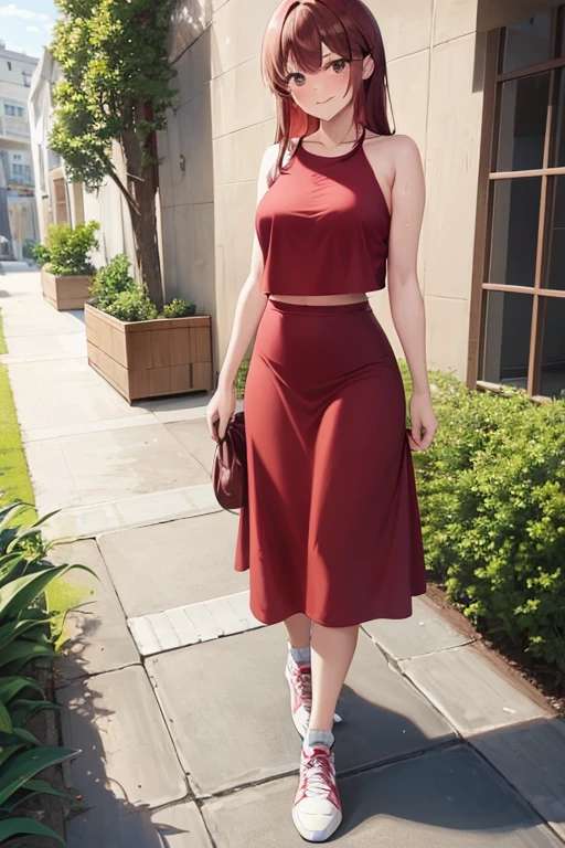 1girl, woman walking, wearing red t-shirt one shoulder, crop top, black midi pencil skirt, long skirt, sneakers, socks, outdoors, garden, summer, sweat, long brown hair, looking at viewer, full body, smile, blush