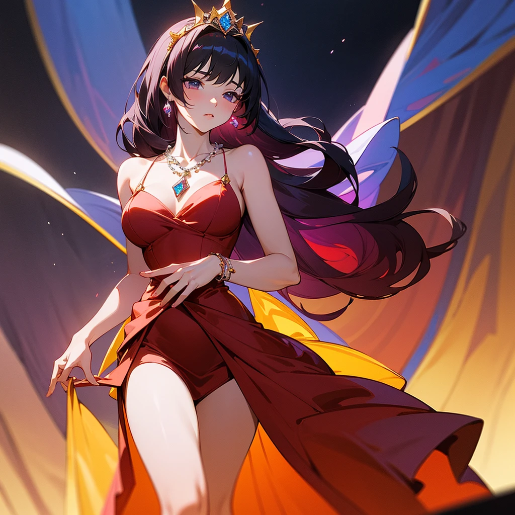 high resolution、A mature and elegant princess。The princess of the jewel kingdom is the princess of Garnet Kingdom.、tiara with garnet、Gorgeous garnet necklace、She wears a richly decorated reddish purple dress.。like medieval europe、Fantasy。The overall image is reddish purple.。beautiful。