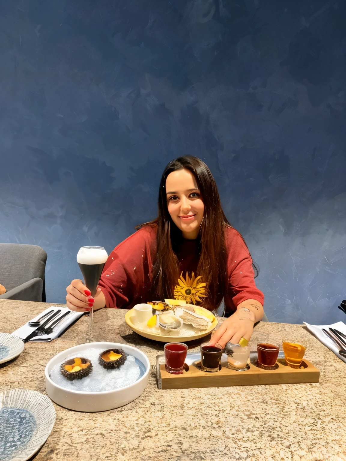 Beautiful girl sitting at the table, thick straight hair,Woman with dark hair, long clean hair, Realism,