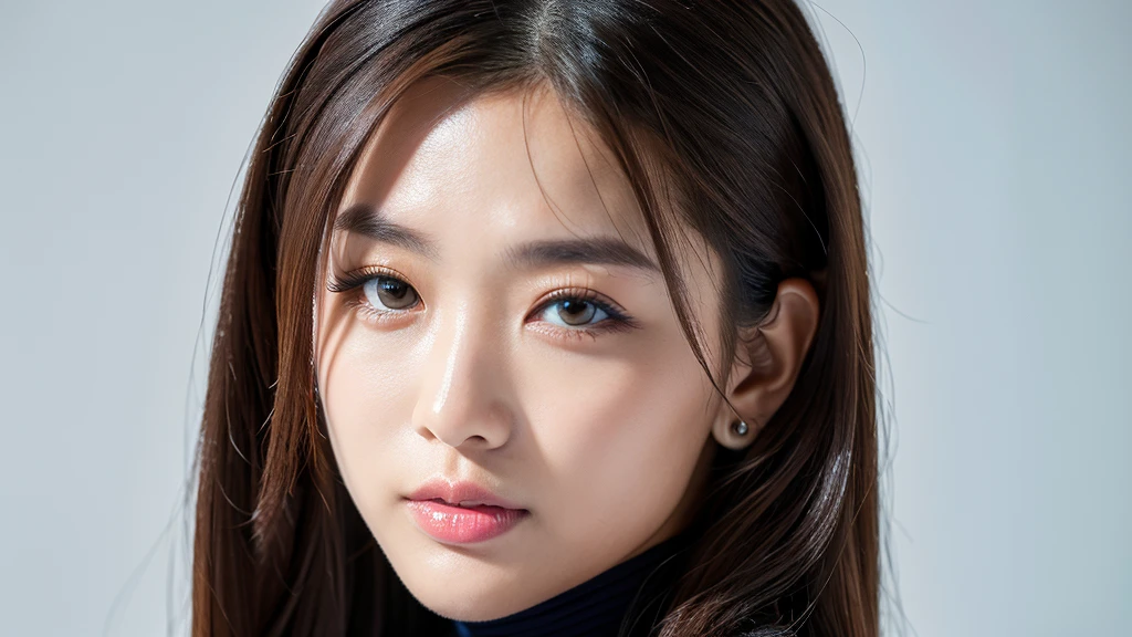 (Detailed face),(vivid),(Silver)Turtleneck sleeveless sporty lightweight clothing,4K,Ultra-high resolution,(Photorealistic:1.7),White Background,Black long hair,