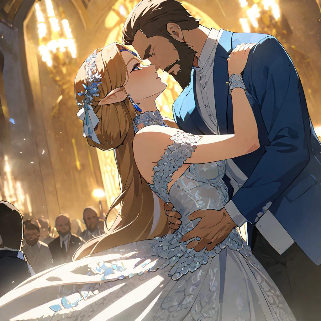 ((Highest quality)), ((masterpiece)), (detailed), (Perfect Face)、The woman is Princess Zelda, wearing a gorgeous Gerudo wedding dress.、The man is a dignified, middle-aged, bearded, and powerful Ganondorf of the Gerudo tribe, dressed in royal attire.、In the luxurious Gerudo church, a man and woman embrace each other, kiss each other and exchange vows to get married.