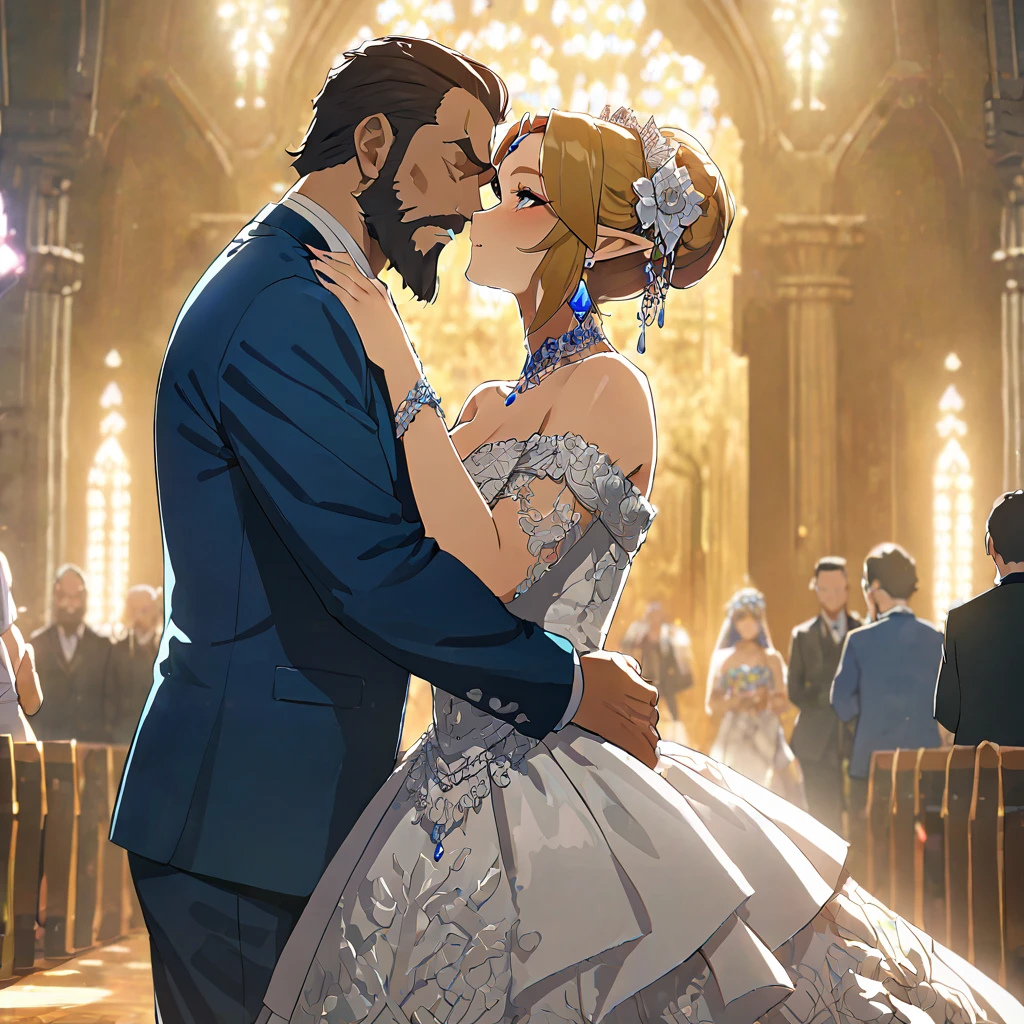 ((Highest quality)), ((masterpiece)), (detailed), (Perfect Face)、The woman is Princess Zelda, wearing a gorgeous Gerudo wedding dress.、The man is a dignified, middle-aged, bearded, and powerful Ganondorf of the Gerudo tribe, dressed in royal attire.、In the luxurious Gerudo church, a man and woman embrace each other, kiss each other and exchange vows to get married.