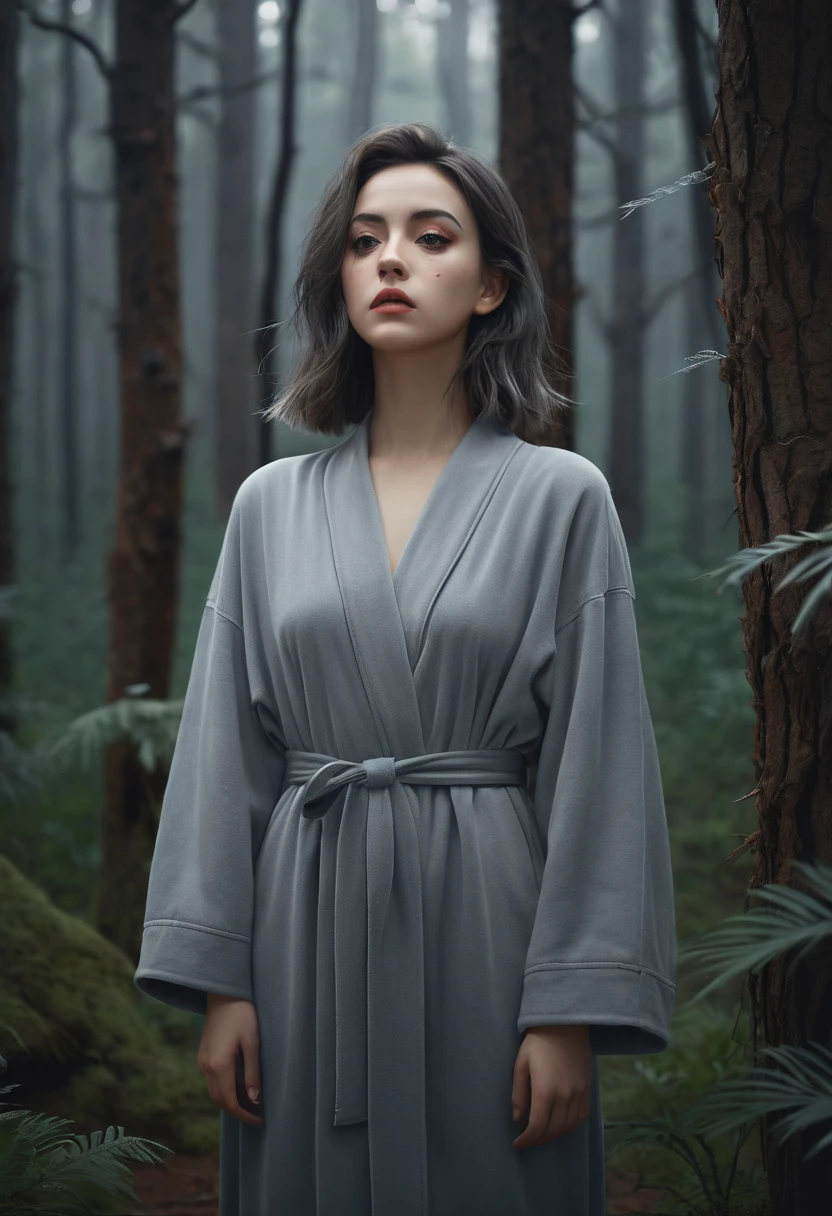 Beautiful girl in gray robe standing in dark forest, Epic Style, Octane Rendering, Desert ingredients, Pretty Face, Surrealism, Oil on canvas, The award-winning, masterpiece, Popular on ArtStation, Studio Ghibli