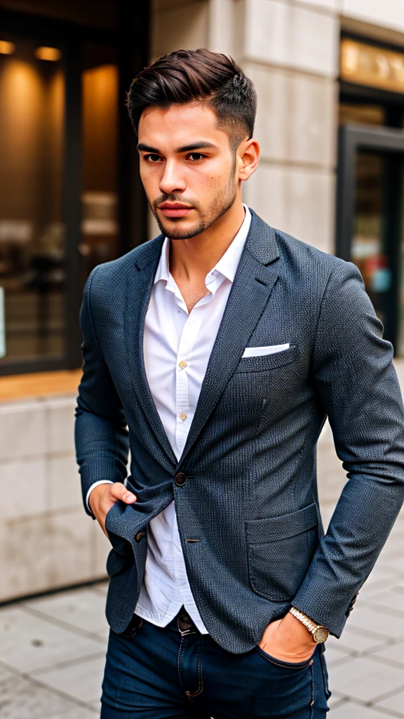 A man wears a blazer jacket