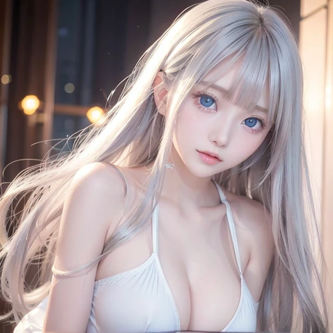 silver shiny hair、Super long straight silky hair、Dazzling blonde super long silky hair、 cute little beautiful face、A beautiful girl、Sparkling blonde dancing in front of a pretty face、Long, silky bangs that cover the space between the eyes、Very beautiful, bright, large, light blue eyes、Very big eyes、Hair that hides the face、Sexy pretty young woman with super long bangs、Very white skin、Cheek gloss highlighter、Small Face Beauty、Round face、Ample Bust, embarrassed face、underwear、