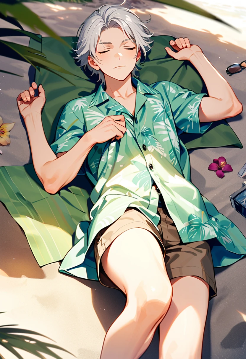 A man, 19-years-old, solo, Caucasian, masculine face, short tousled white hair, eyes closed, relaxed facial expression, light pale green Hawaiian shirt, short sleeves, khaki shorts, beach, lying on a towel