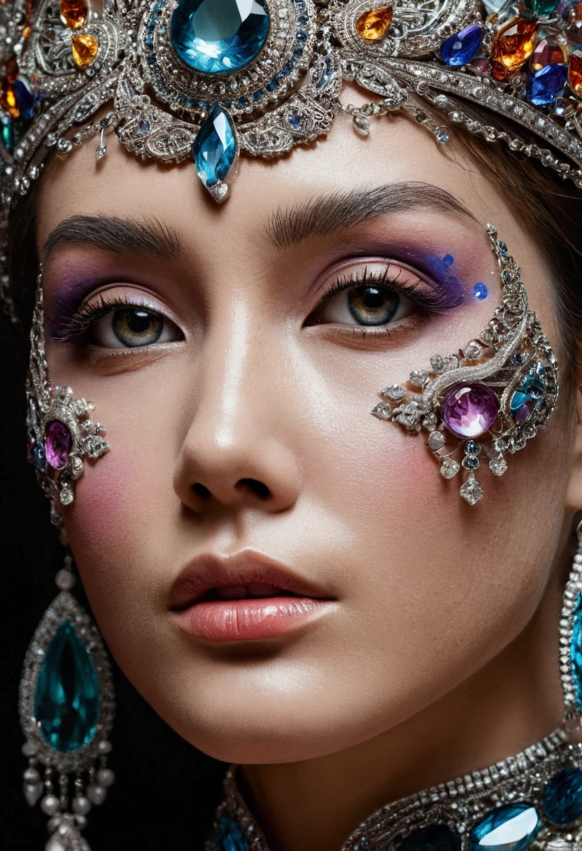 a woman's face with a lot of art work on it, color crystal