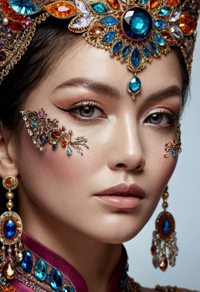a woman's face with a lot of art work on it, color crystal