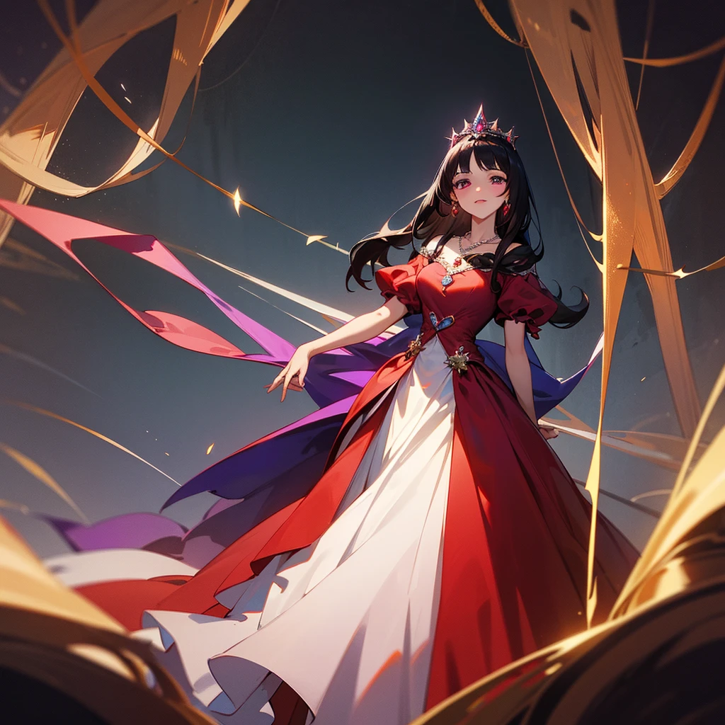 high resolution、A mature and elegant princess。The princess of the jewel kingdom is the princess of Garnet Kingdom.、tiara with garnet、Gorgeous garnet necklace、She wears a richly decorated reddish purple dress.。like medieval europe、Fantasy。The overall image is reddish purple.。beautiful。