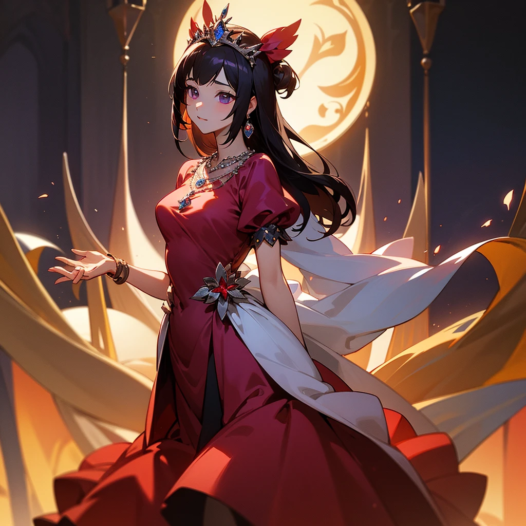 high resolution、A  and elegant princess。The princess of the jewel kingdom is the princess of Garnet Kingdom.、tiara with garnet、Gorgeous garnet necklace、She wears a richly decorated reddish purple dress.。like medieval europe、Fantasy。The overall image is reddish purple.。beautiful。