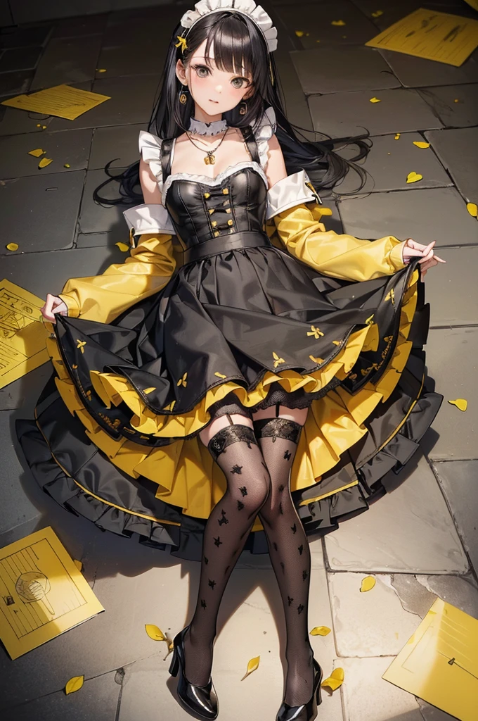 ((Biologically correct limb count)),(( From head to toe,Full-body photo including face)),4K,((Standing position)),masterpiece,((Focus on the face)),((Symmetrical facial features)),Eyes with detailed description,Beautiful woman,Great style,Beautiful arms,Beautiful legs,Beautiful Hands,(Small Ass,Thin thighs),Facial detailing,Small earrings,necklace,(Yellow enamel maid outfit、mini skirt((Black high heels,Black patterned stockings))),Realistic photo,Lying on the linoleum floor,Low angle photo,A little panchira,Rose petals are scattered all around、
