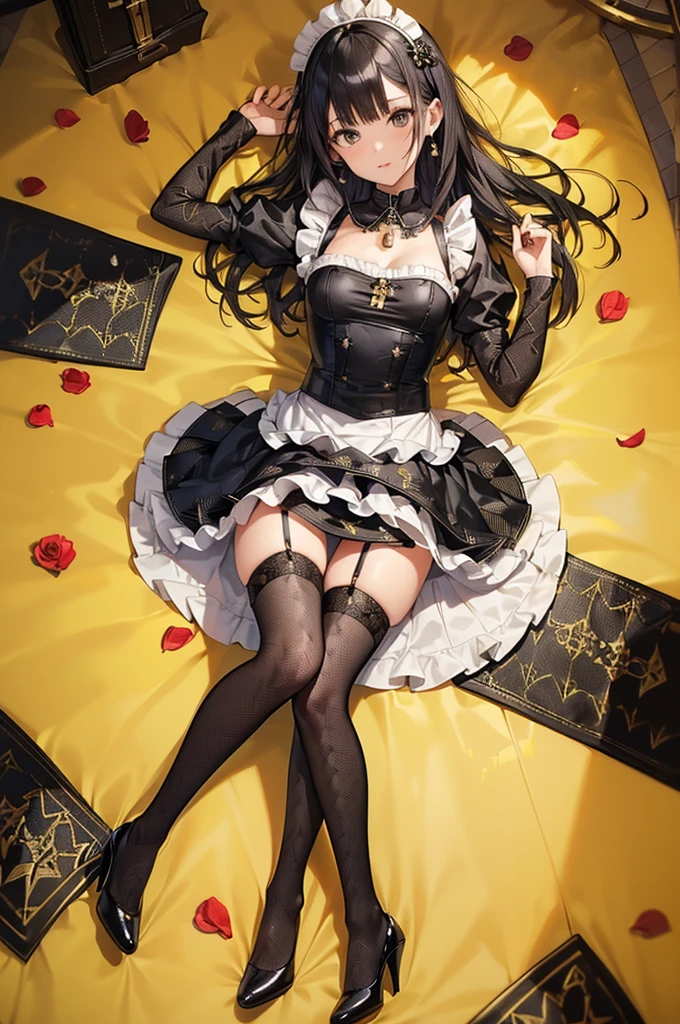 ((Biologically correct limb count)),(( From head to toe,Full-body photo including face)),4K,((Standing position)),masterpiece,((Focus on the face)),((Symmetrical facial features)),Eyes with detailed description,Beautiful woman,Great style,Beautiful arms,Beautiful legs,Beautiful Hands,(Small Ass,Thin thighs),Facial detailing,Small earrings,necklace,(Yellow enamel maid outfit、mini skirt((Black high heels,Black patterned stockings))),Realistic photo,Lying on the linoleum floor,Low angle photo,A little panchira,Rose petals are scattered all around、