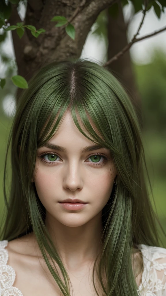 portrait, a European woman, highly detailed facial features, Captivating eyes, oval face, her hair is entirely green, Her face is very charming, wistful charm